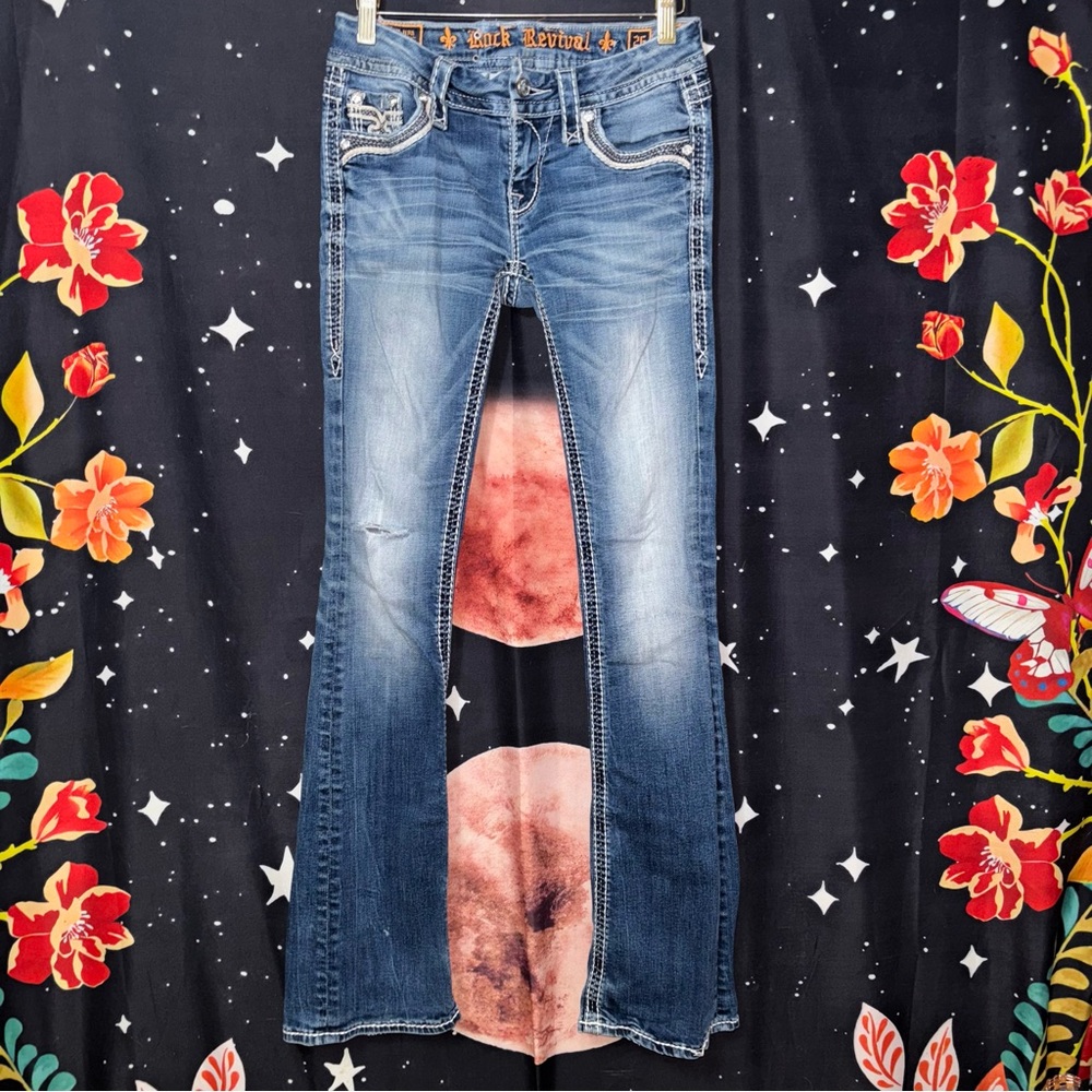 Rock Revival Blue Boot Cut Jeans with Decorative Stitching - Picture 2 of 16